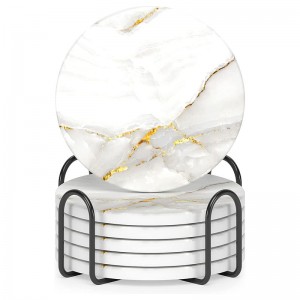 Marble Style Absorbent Ceramic Coasters with Holder and Cork Base