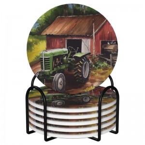 Hot sell Ceramic Coasters for Drinks Round Shape Drink Coasters with Metal Holder Tractor on The Farm Ceramic Coaster Set