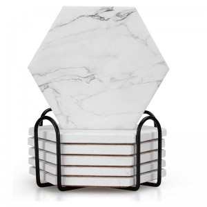 Wholesale White Marble Coasters for Coffee Table Drink Absorbent Coasters with Holder Hexagon Stone Cup Coaster Set
