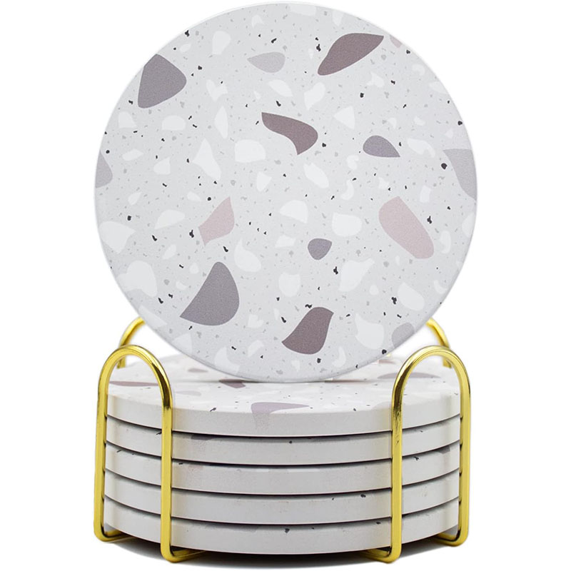 Pink Marble Ceramic Coasters With Gold Holder - 6 Pack Absorbent Drink Coasters
