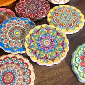 Wholesale Flower shaped Ceramic coaster with cork back with 3D embossed printing and gold blocked