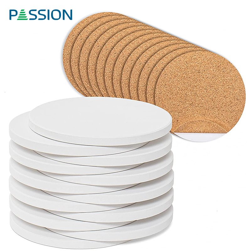 Round white ceramic coaster sublimation blank with cork base