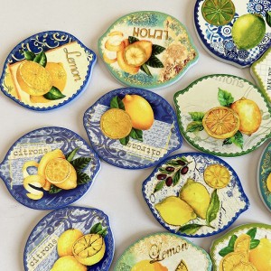 Wholesale Ceramic Lemon shaped Fridge Magnet with 3D embossed printing and gold blocked for gifts