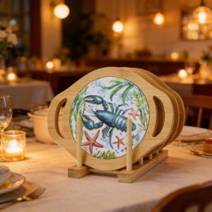 Lobster & Starfish Pattern Placemat with Bamboo Holder Heat Insulation Non-Slip Table Mat for Dining Kitchen