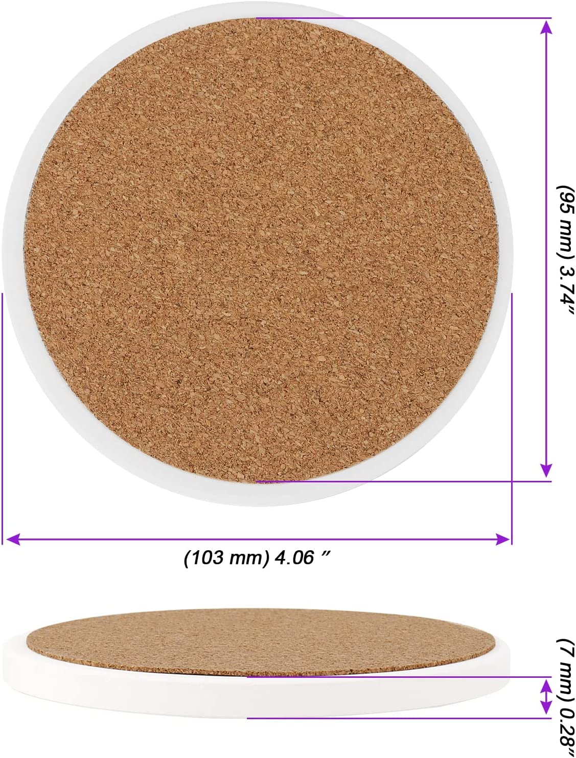 Round white ceramic coaster sublimation blank with cork base