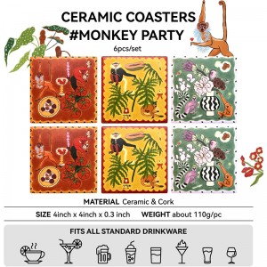 4inch  Monkey Theme Art Absorbent Drink Coasters with Ceramic Surface and Cork Base for Bar Cafe Kitchen Decor