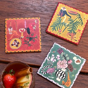 4inch  Monkey Theme Art Absorbent Drink Coasters with Ceramic Surface and Cork Base for Bar Cafe Kitchen Decor