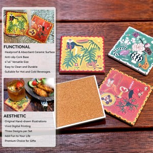 4inch  Monkey Theme Art Absorbent Drink Coasters with Ceramic Surface and Cork Base for Bar Cafe Kitchen Decor