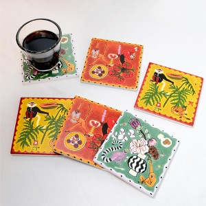 4inch  Monkey Theme Art Absorbent Drink Coasters with Ceramic Surface and Cork Base for Bar Cafe Kitchen Decor