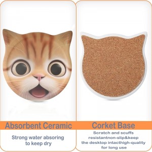 Absorbent Ceramic Drink Coasters Set of 2 Cat Shaped Cute Coaster Funny Themed Decor and Gift for Cats Lovers