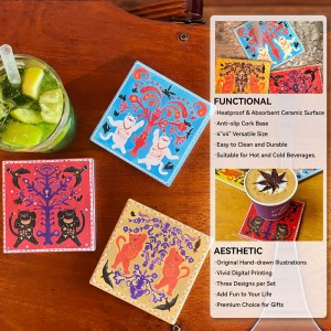 Ceramic Bar Coasters Set of 6 with Cork Base  Heatproof and Absorbent Cute Cat Coasters for Home Decor