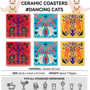 Ceramic Bar Coasters Set of 6 with Cork Base  Heatproof and Absorbent Cute Cat Coasters for Home Decor