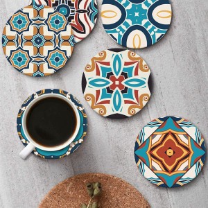Spanish Moroccan Ornate Ceramic Pattern Absorbent Round Ceramic Stone Mat with Cork Base and Metal Holder