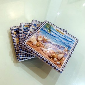Custom 9cm X 9cm Cup Holder 3D Golden Painted Ocean Style Ceramic Coasters Beverage Coaster