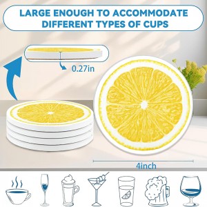 Lemonade Round 4″ Cup Coasters Absorbent Ceramic Stone Coasters with Cork Base