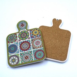 Bohemian Mandala Pattern Ceramic Cutting Board Shaped Coaster with Handle, Decorative Tile Design Serving Tray for Kitchen
