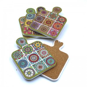 Bohemian Mandala Pattern Ceramic Cutting Board Shaped Coaster with Handle, Decorative Tile Design Serving Tray for Kitchen