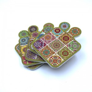 Bohemian Mandala Pattern Ceramic Cutting Board Shaped Coaster with Handle, Decorative Tile Design Serving Tray for Kitchen