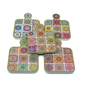 Bohemian Mandala Pattern Ceramic Cutting Board Shaped Coaster with Handle, Decorative Tile Design Serving Tray for Kitchen