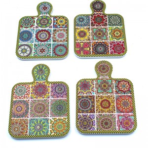 Bohemian Mandala Pattern Ceramic Cutting Board Shaped Coaster with Handle, Decorative Tile Design Serving Tray for Kitchen