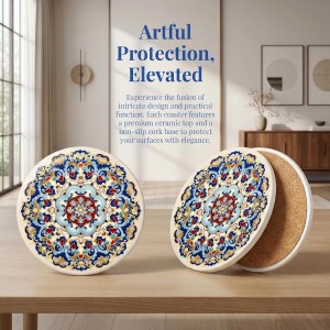 Blue Vintage 4 Inch Round Ceramic Coasters Set of 4, Absorbent Cork Base, Non-Slip Coasters for Drinks, Coffee Table Office