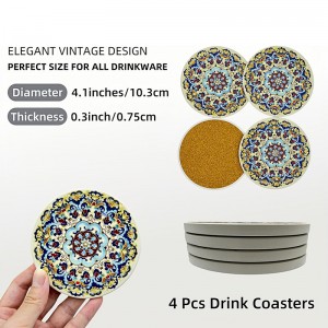 Blue Vintage 4 Inch Round Ceramic Coasters Set of 4, Absorbent Cork Base, Non-Slip Coasters for Drinks, Coffee Table Office