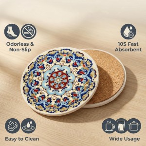 Blue Vintage 4 Inch Round Ceramic Coasters Set of 4, Absorbent Cork Base, Non-Slip Coasters for Drinks, Coffee Table Office