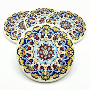 Blue Vintage 4 Inch Round Ceramic Coasters Set of 4, Absorbent Cork Base, Non-Slip Coasters for Drinks, Coffee Table Office