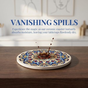 Blue Vintage 4 Inch Round Ceramic Coasters Set of 4, Absorbent Cork Base, Non-Slip Coasters for Drinks, Coffee Table Office