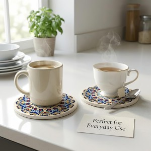 Blue Vintage 4 Inch Round Ceramic Coasters Set of 4, Absorbent Cork Base, Non-Slip Coasters for Drinks, Coffee Table Office